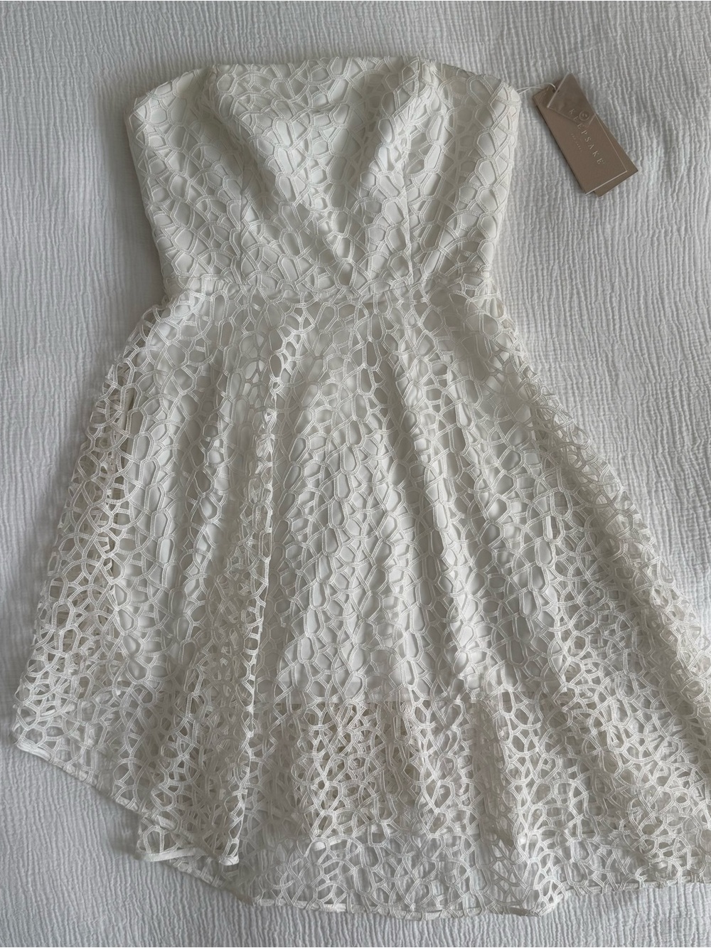 KEEPSAKE the Label White Strapless Asymmetrical Lace Fit-and-Flare Dress